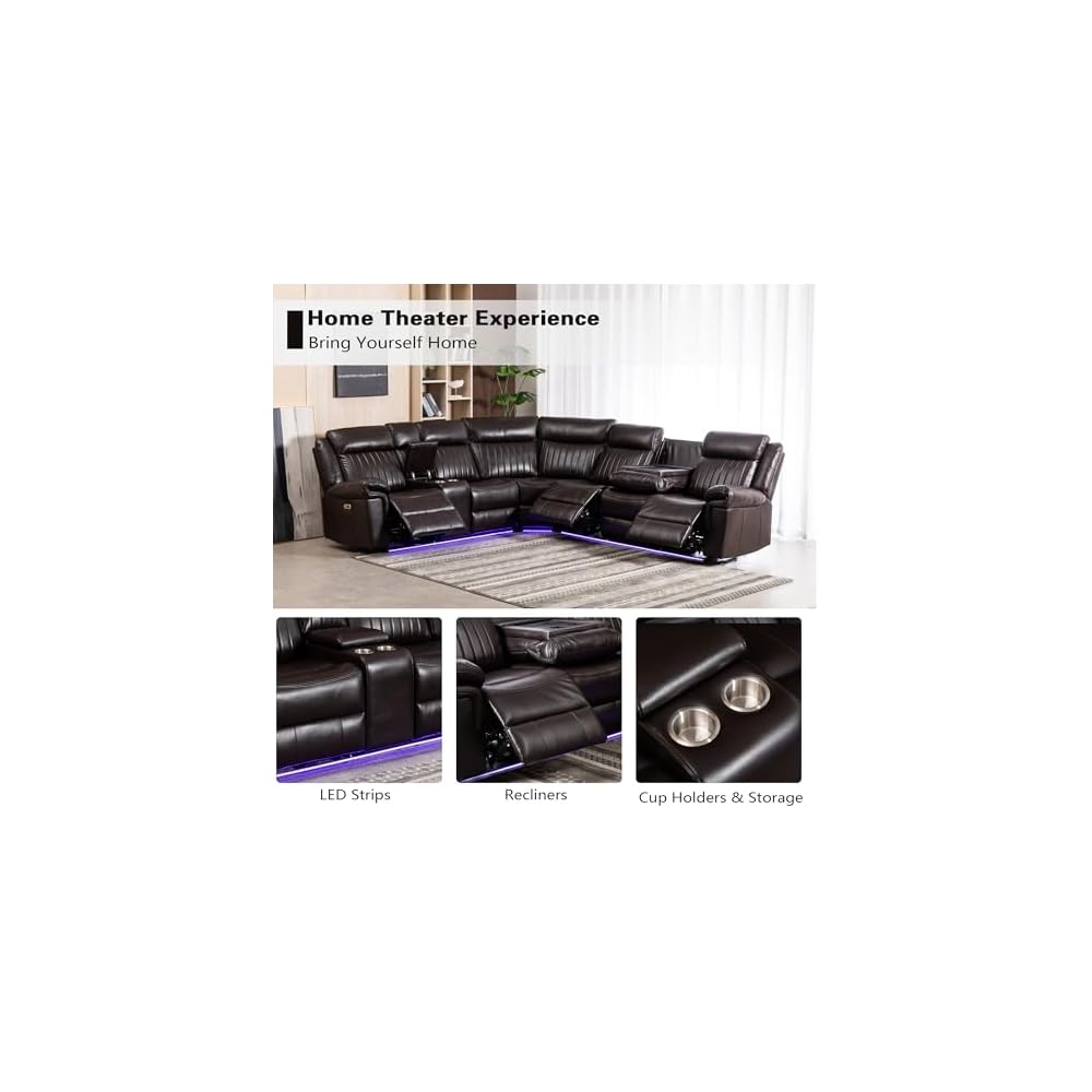 Power Reclining Sectional Sofa Set, L-Shaped Faux Leather, Brown