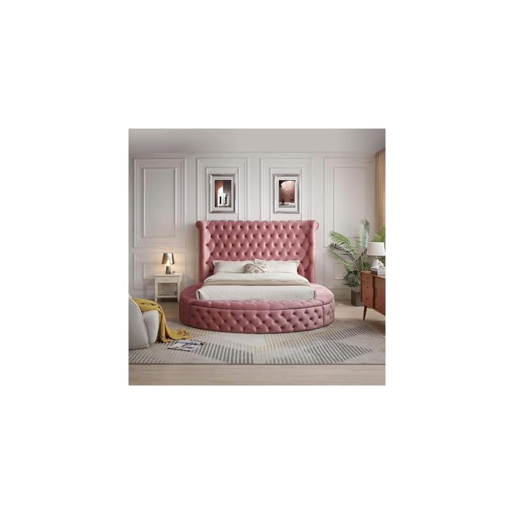 Elizabeth Velvet Round Storage Queen/King Bed (Pink, King)