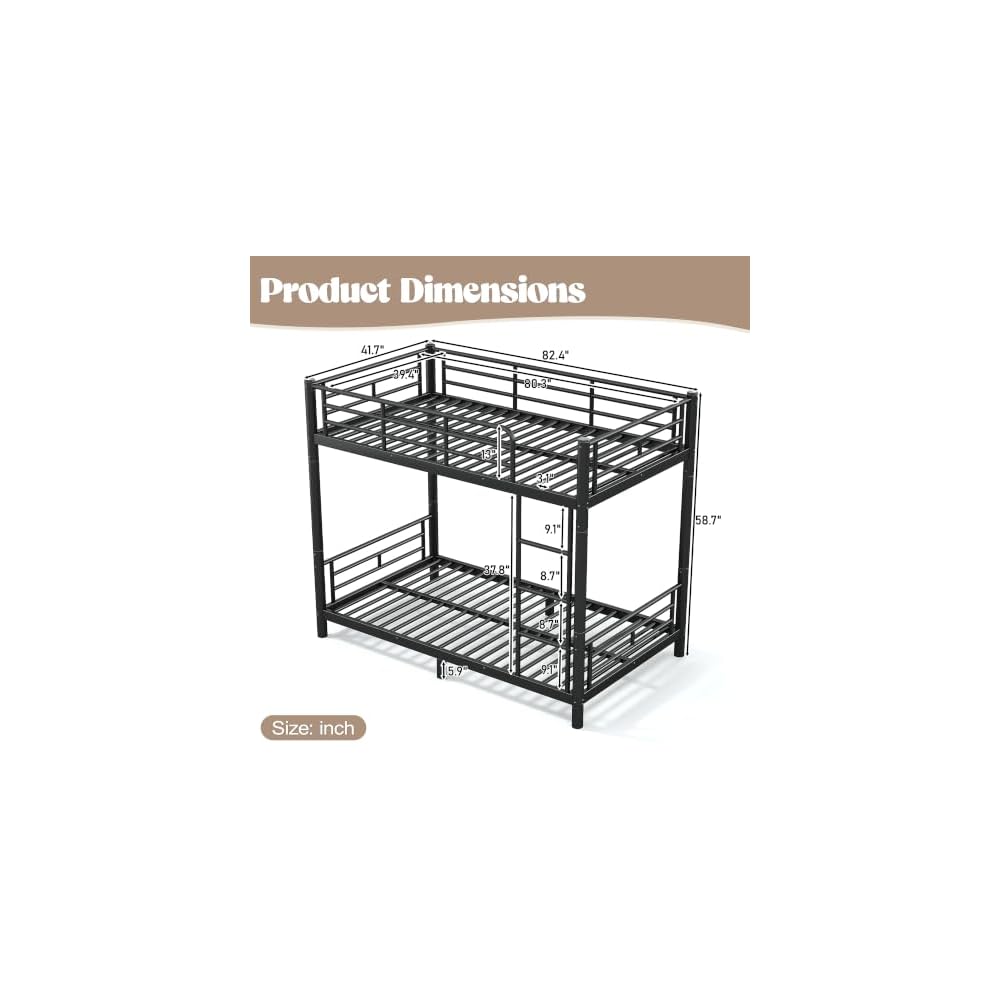 Twin XL Bunk Bed with Guardrail and Ladder, Convertible Bunk Bed Black