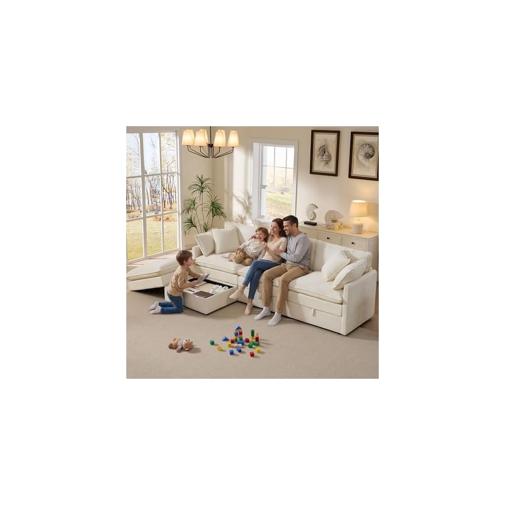 103" Modular Sectional Sofa with Storage, L Shaped Cloud Couch with Movable Ottomans & 4 Pillows, Chenille Deep Seat Sectional Couches for Living Room, Apartment (Beige)