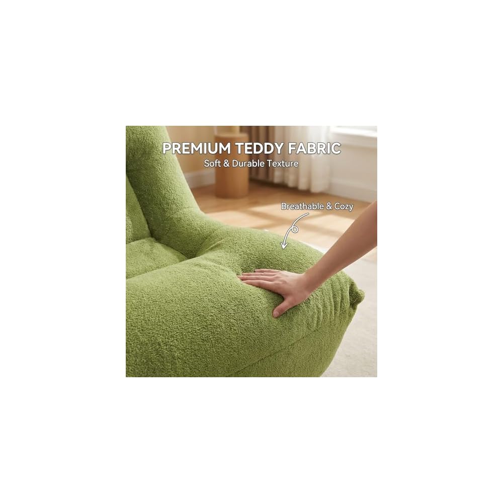 Chaise Lounge Chair - Modern Single Seater Floor Sofa with Pillow, Memory Foam Filled Compressed Sofa for Bedroom Game Living Room - Comfortable Ergonomic Lounger, No Assembly Needed, Green