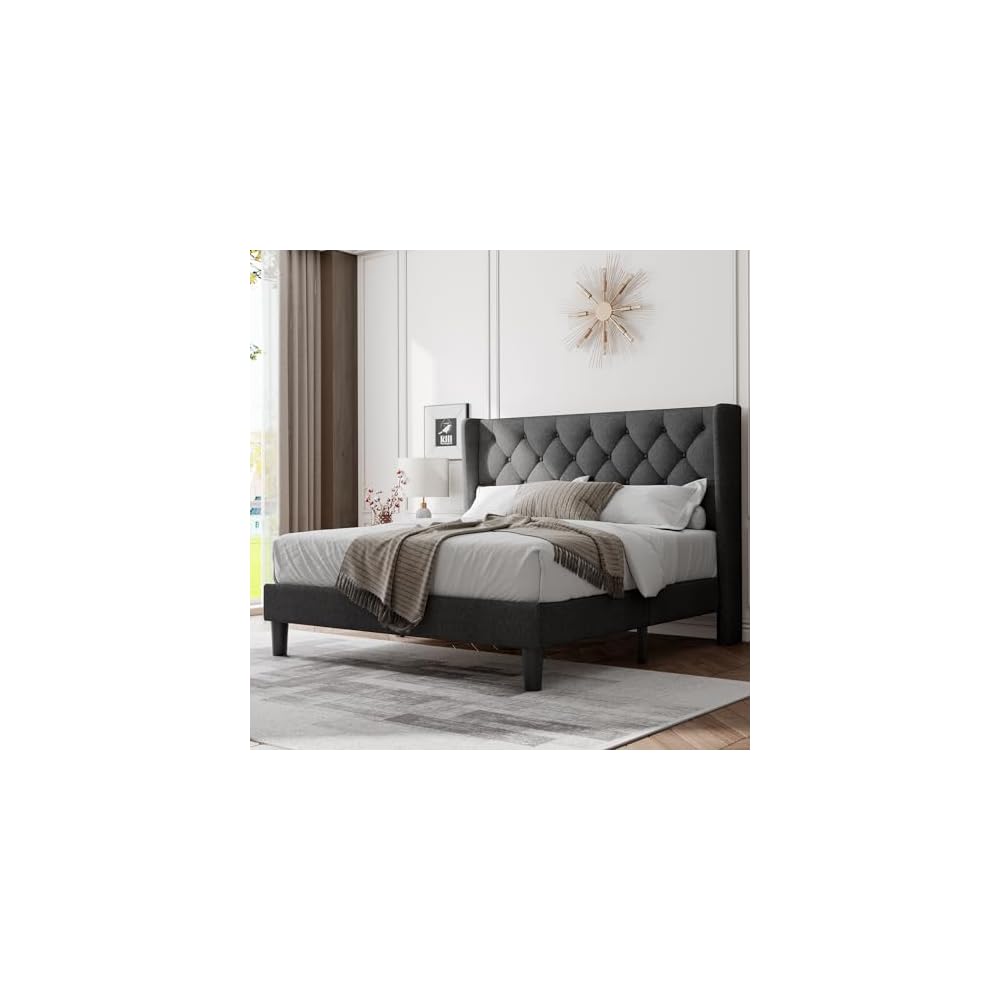 Queen Size Bed Frame with Diamond Tufted Wingback Headboard, Morden Upholstered Platform Bed, Sturdy Wooden Slats Support, Noise-Free, No Box Spring Needed, Easy Assembly, Dark Gray