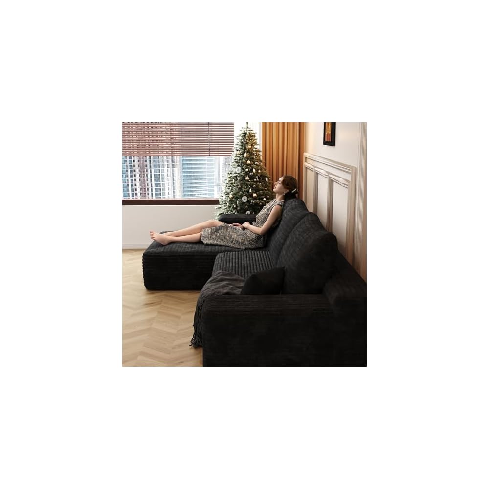 107" U Shaped Cloud Corduroy Couch with Ottoman, Comfy Sectional Boneless Couches for Living Room Bedroom, Deep Seat Sleeper Compression Sofa, No Assembly, Left Facing Chaise, Black