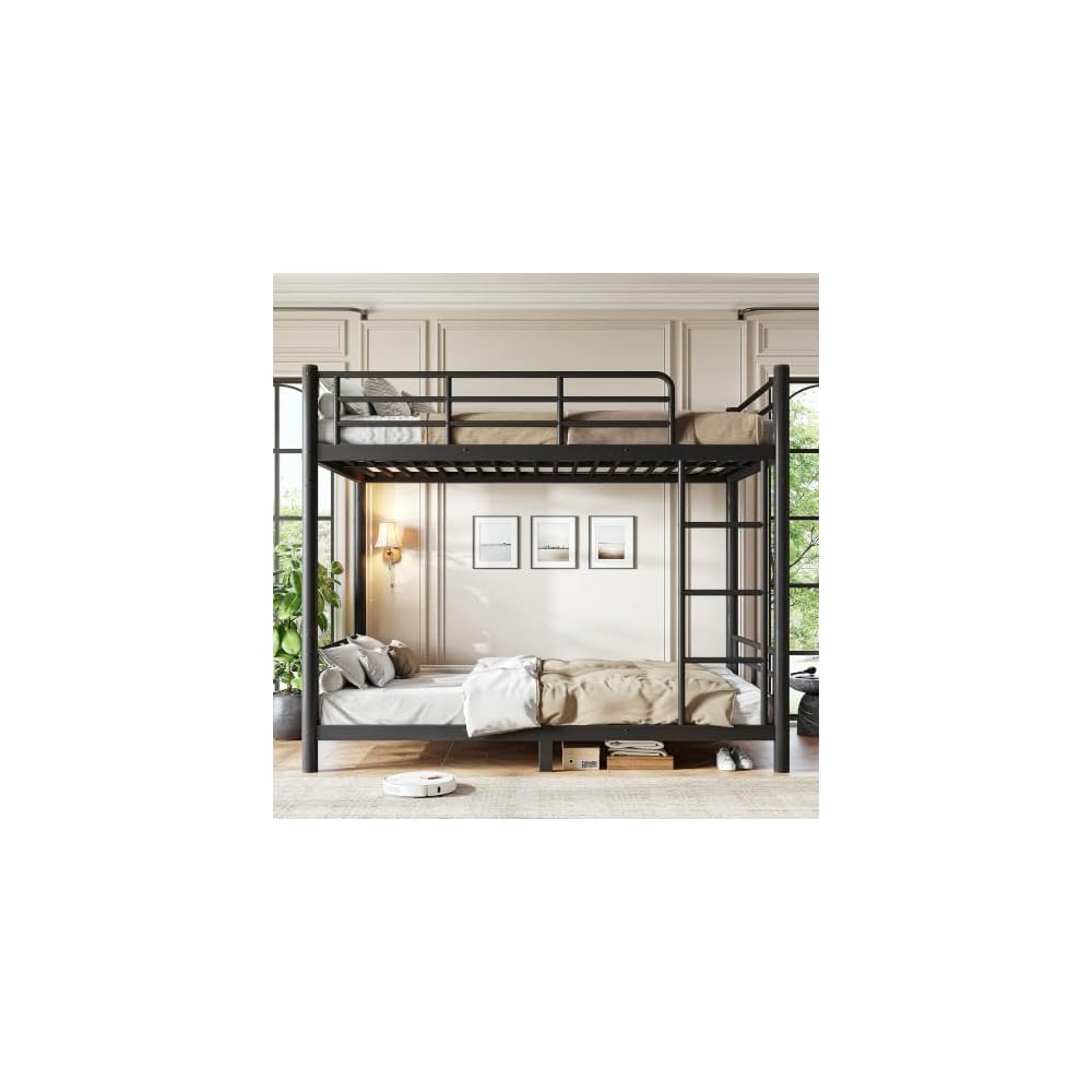 Twin XL Bunk Bed with Guardrail and Ladder, Convertible Bunk Bed Black