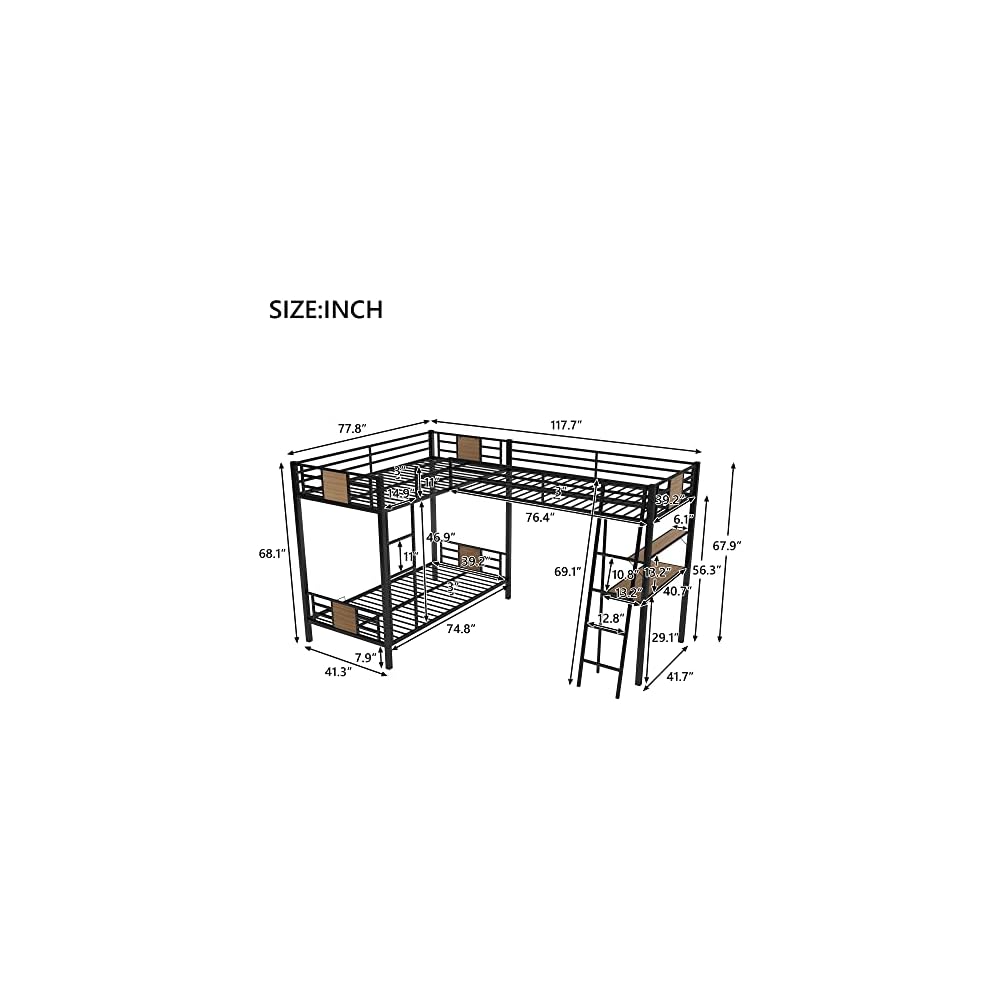 L-Shaped Twin Over Twin Bunk Bed with Twin Size Loft Bed with Desk and Shelf,Brown