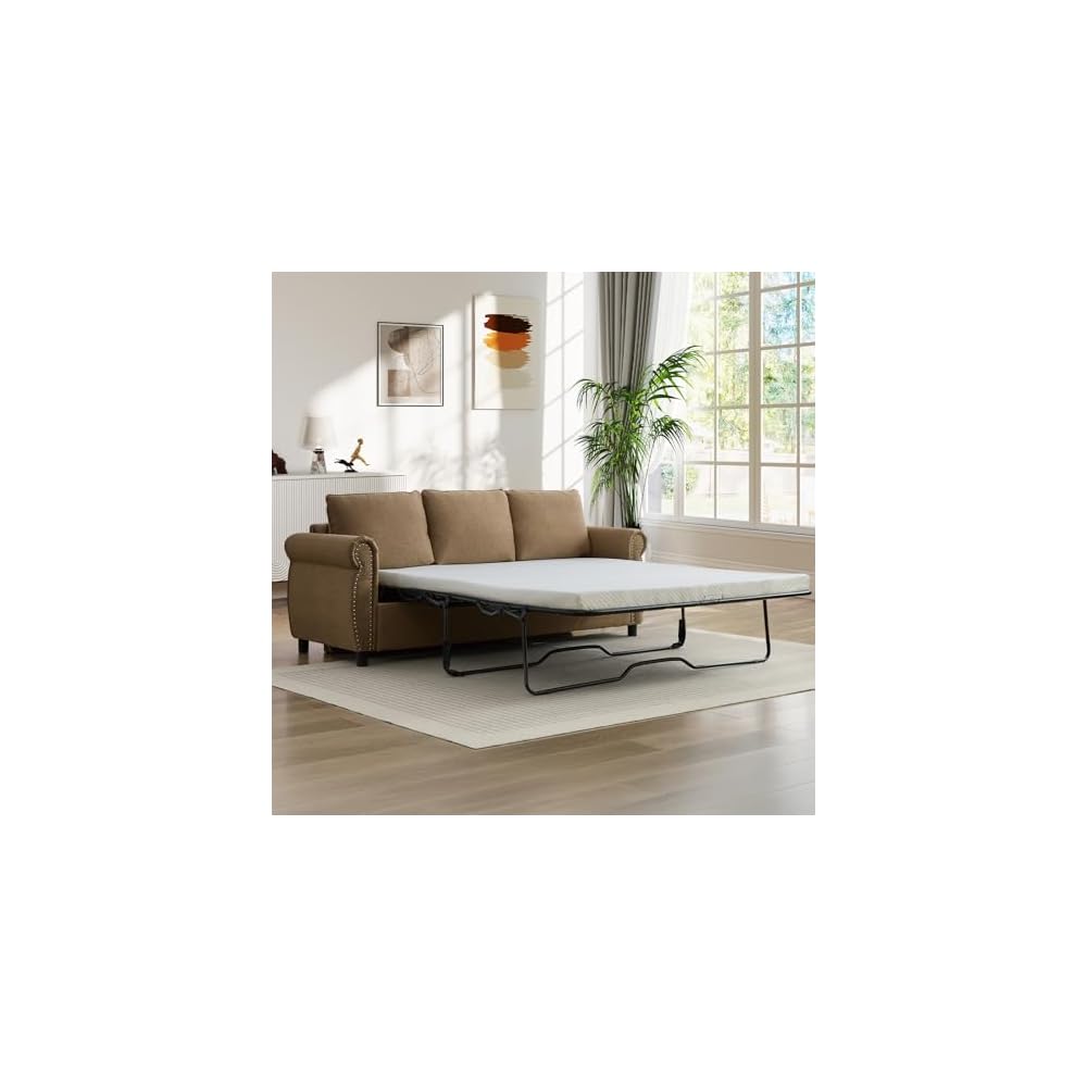 Pull Out Sofa Bed with Mattress Included, Convertible Futon Oversized Chenille 3 Seater Loveseat Sleeper Sofa Couch Bed with Rivet Decoration & Rolled Arms for Guest Room Office Living Room, Brown