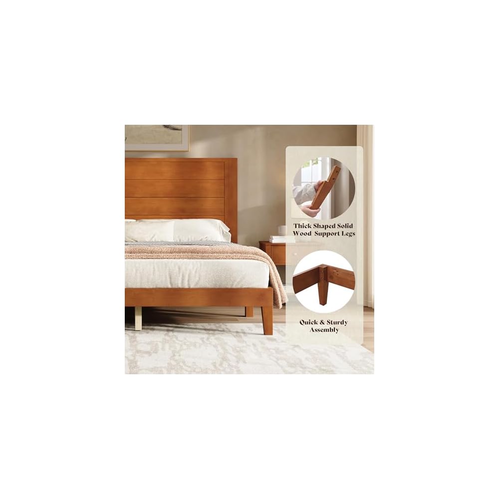 Full Size Solid Wood Platform Bed with Mid Century Style, Brown