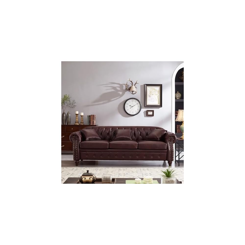 85.8" Chesterfield Sofa, Retro Style Upholstered with Storage Faux Leather PU Couch with Rolled Arm, Nailhead for Living Room Bedroom Office Apartment, Burgundy