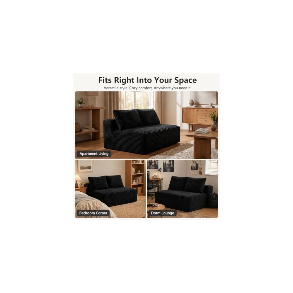 57" Black Small Armless Loveseat Sofa, 2 Seater Cloud Couches
