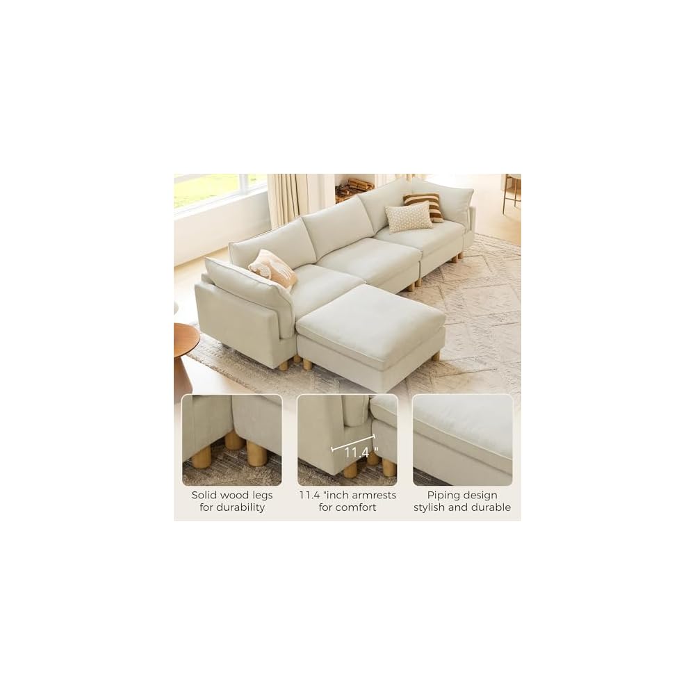 127" Large Sectional Sofa, Modular Cloud Couch, 4 Seater, Cream