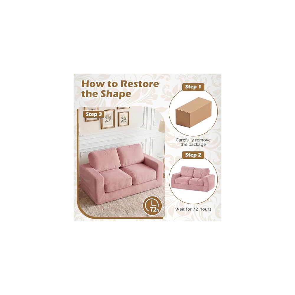 2-Seater Floor Couch, Loveseat Foam Sofa with Removable Corduroy Cover, Back & Seat Cushions, No Assembly, Boneless Loveseat Sofa for Small Spaces, Apartment, Living Room (Pink)