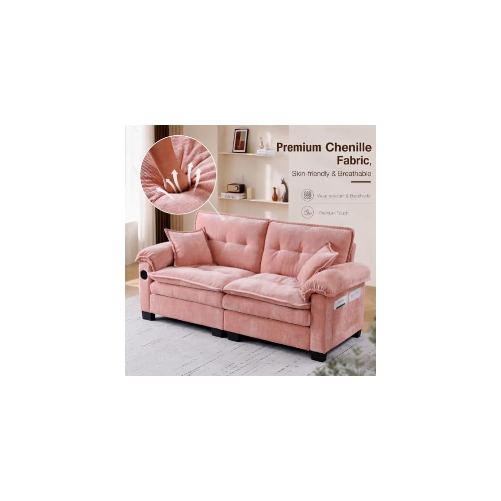 74" Chenille Loveseat Sofa with USB Charging (Pink)