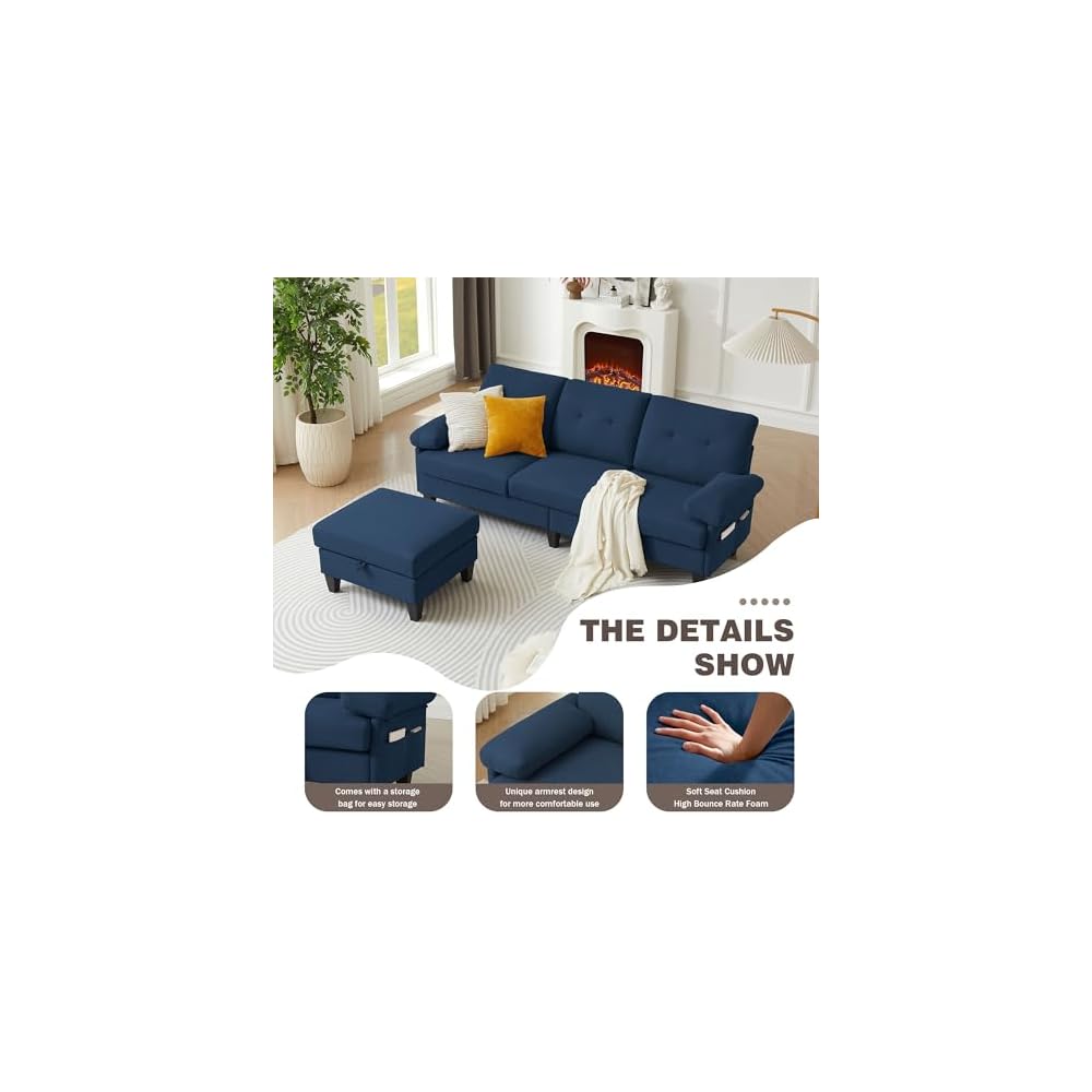 84" Convertible Sectional Sofa, Deep 3-Seat L Shaped Sectional Couch with Ottoman, Modern Linen Upholstered Couches for Living Room, Apartment and Small Spaces (Blue)