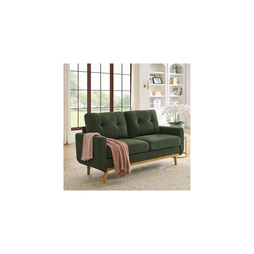 67" Green Loveseat Sofa, Mid Century Modern Love Seat Sofas and Comfy Couches for Living Room, Button Tufted Small Cloud Couch for Bedroom Office Apartment Small Space, Easy Assembly (Dark Green)