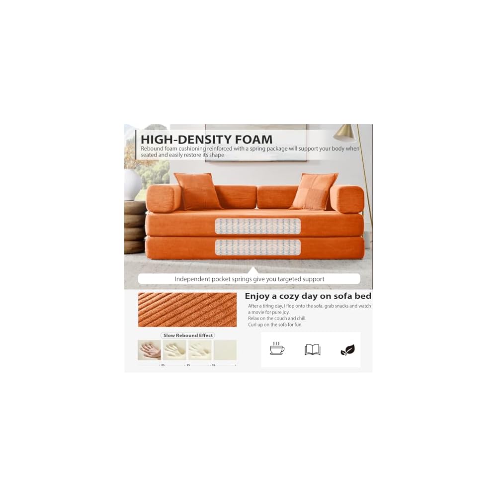 78'' Futon Sleeper Sofa Bed, Boneless Couch for Living Room, Orange