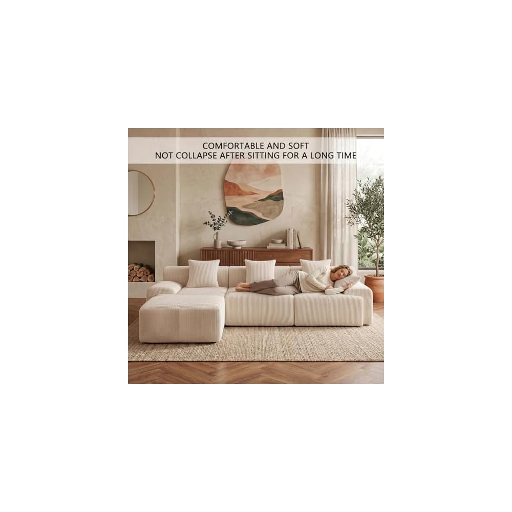 Plush Corduroy 118" Modular Sectional Sofa, Modern Boneless L-Shaped Cloud Couch with Chaise, Deep Seat Upholstered Comfy Living Room Couch, No Assembly Required,Beige