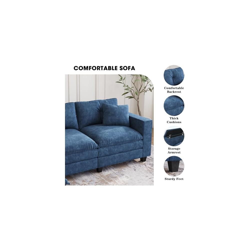 137",U Shaped Couch,Modern Modular Sectional Sofa, 4-Seater Comfy Cloud Couch with Two Movable Ottoman & Throw Pillows for Living Room, Bedroom and Apartment, Dark Blue