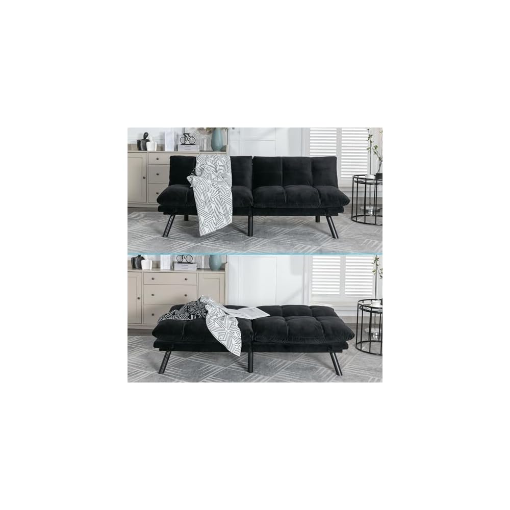 71" Velvet Futon Couch Bed with Mattress Included,Convertible Folding Sleeper Sofa Bed with Adjustable Backrests,Modern Loveseat Sleeper for Living Room Bedroom Small Space Home Office (Black)