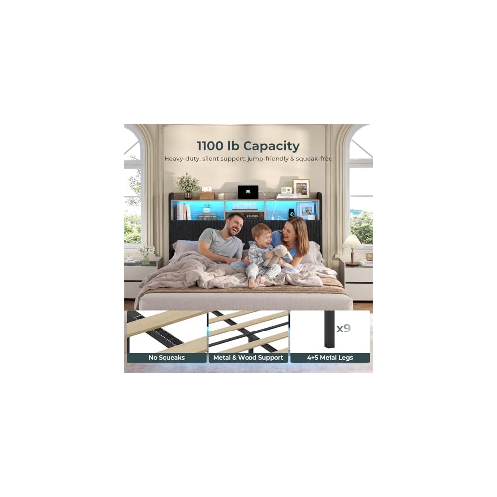 Queen Bed Frame with 4 Storage Drawers & Headboard, Corduroy Black
