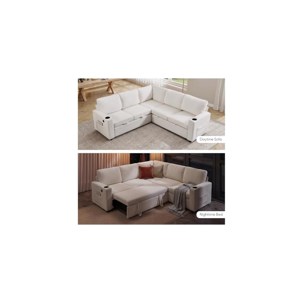 L Shaped Sofa Bed, Sectional Couch with Pull Out Bed, Beige