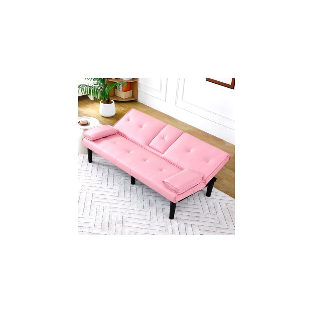 Convertible Sofa Bed, 67-Inch Pink PVC Futon Couch and Sleeper Sofa with Foldable Backrest and Cup Holders for Living Room, Apartment and Guest Room