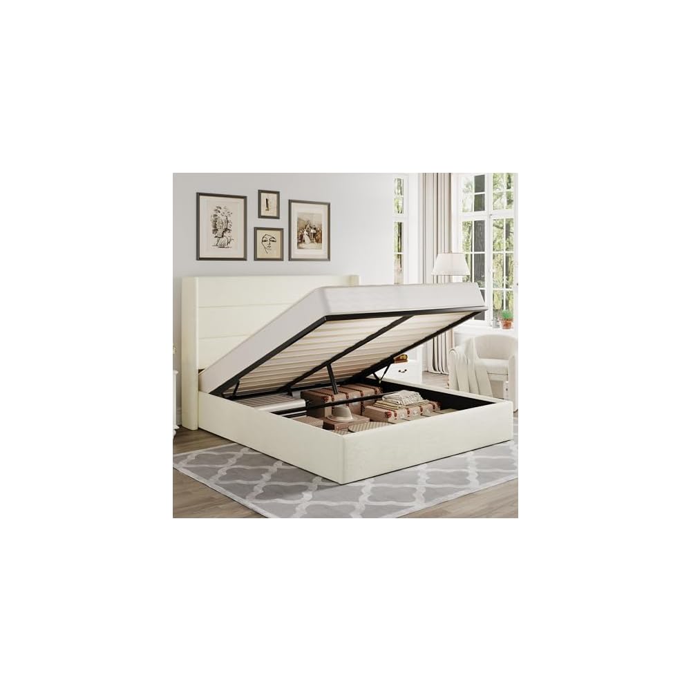 Queen Size Chenille Lift Up Hydraulic Storage Bed Frame Cream White