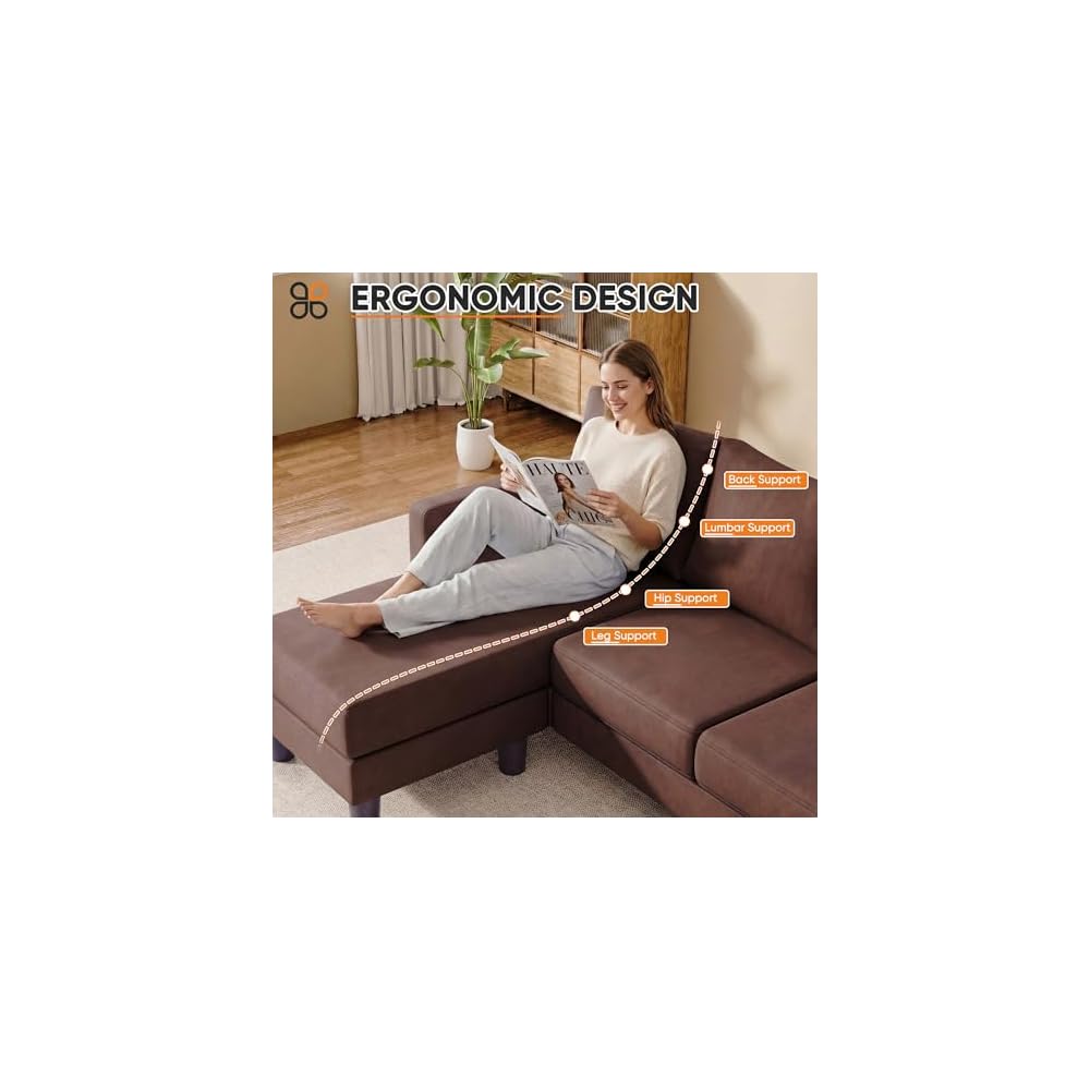 L Shape Sectional Sofa Couch, 3 Seat Convertible Sofa with Movable Ottoman and Side Storage Pockage, Modern Couches for Living Room & Apartment (Linen, Brown)