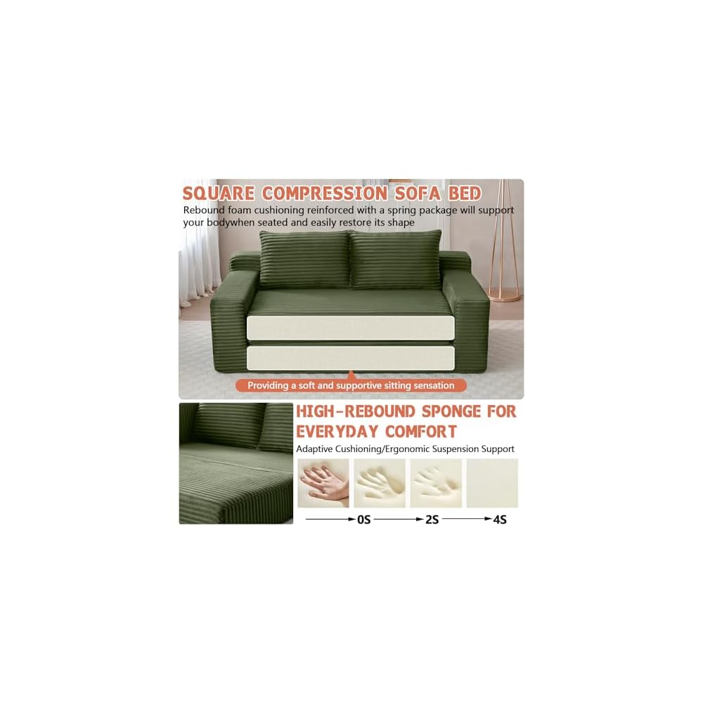 73" Green Boneless Loveseat Couch, 2 in 1 Pull Out Sleeper Sofa with Side Pockets & 2 Pillows, Folding Convertible Corduroy Floor Couch for Apartment Living Room Bedroom Dorm, No Assembly