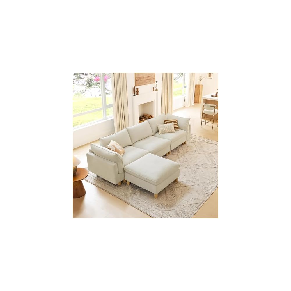 127" Large Sectional Sofa, Modular Cloud Couch, 4 Seater, Cream