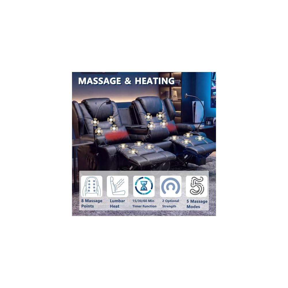 Loveseat Recliner with Massage and Heat,Built-in Bluetooth Audio & Cup Holders,Manual Wall Hugger Reclining Sofa Ideal for Small Spaces, RVs, Home Theater or Living Room，Black