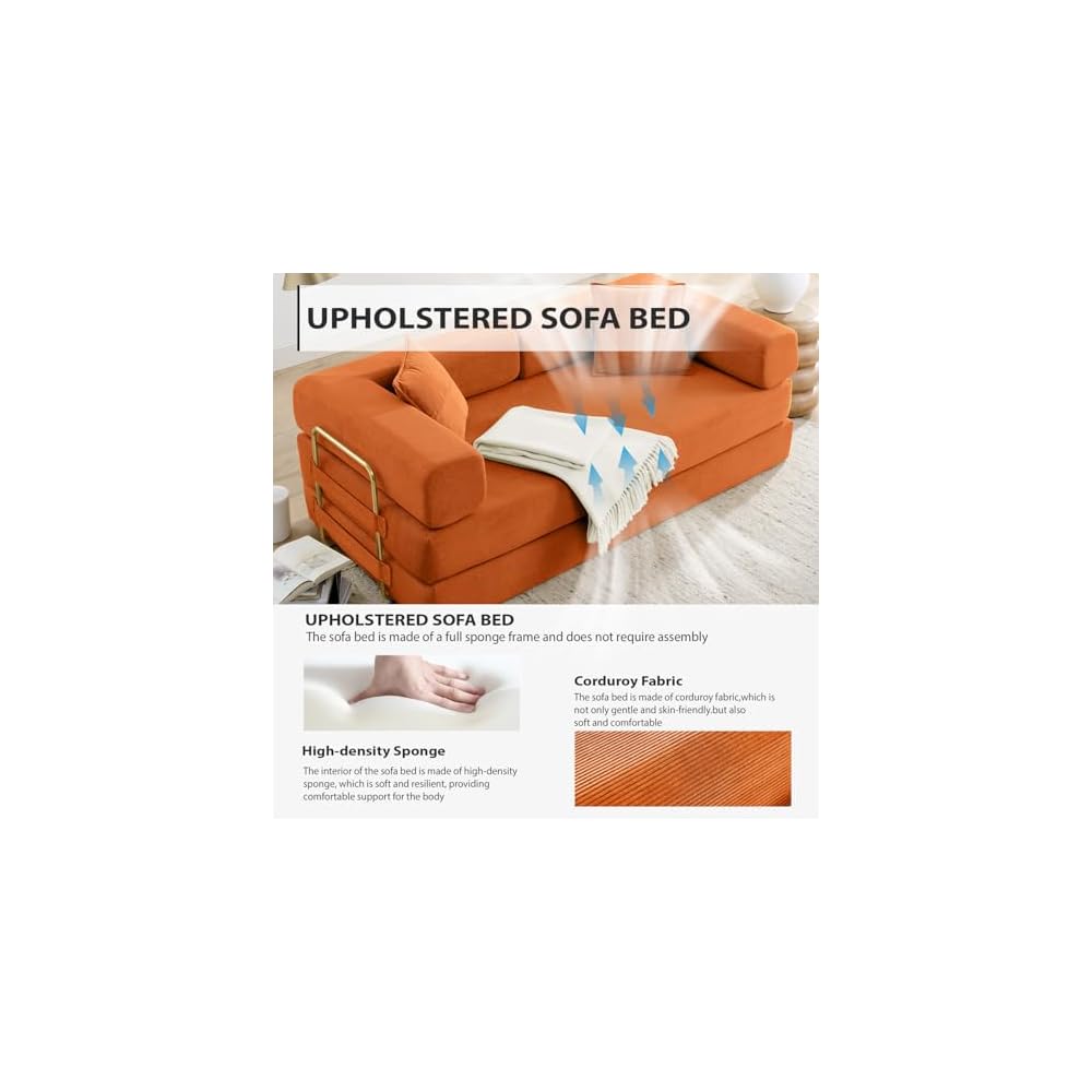 78'' Futon Sleeper Sofa Bed, Boneless Couch for Living Room, Orange