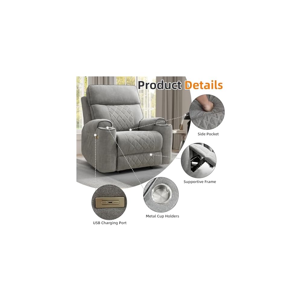 Power Recliner Chair, Electric Fabric Reclining Sofa with Cup Holders, USB Type-C Charging Ports, for Small Living Room, Bedroom and Meeting Room, Grey