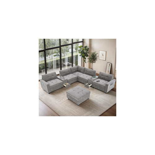 104'' Sectional Sofa with Acrylic Table Top,Chenille U Shaped Couch Set with 2 Consoles,USB Charger,Storage Drawers and Pockets,Movable Ottoman,Tufted Sofa for Living Room,Apartment, Gray
