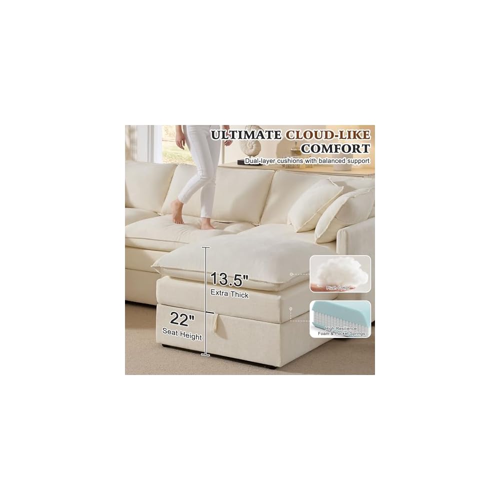 103" Modular Sectional Sofa with Storage, L Shaped Cloud Couch with Movable Ottomans & 4 Pillows, Chenille Deep Seat Sectional Couches for Living Room, Apartment (Beige)