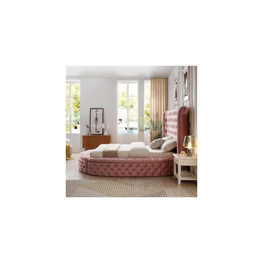 Elizabeth Velvet Round Storage Queen/King Bed (Pink, King)