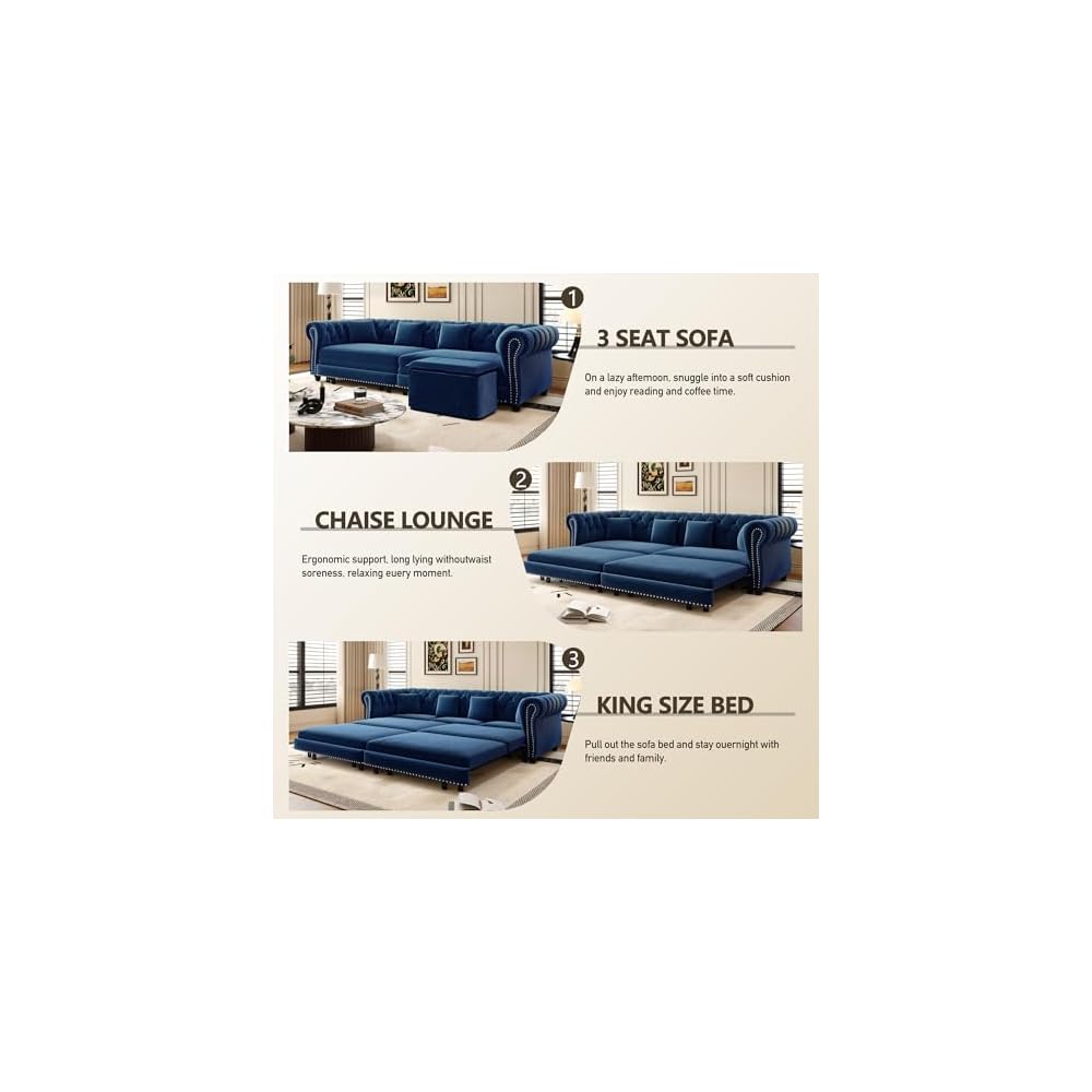 89" W 3-in-1 Convertible Sleeper Sofa Bed, King Size Pull-Out Sofa with Chaise Lounge, Velvet Tufted 3-Seater Sofa and Movable Ottoman for Living Room (Blue)