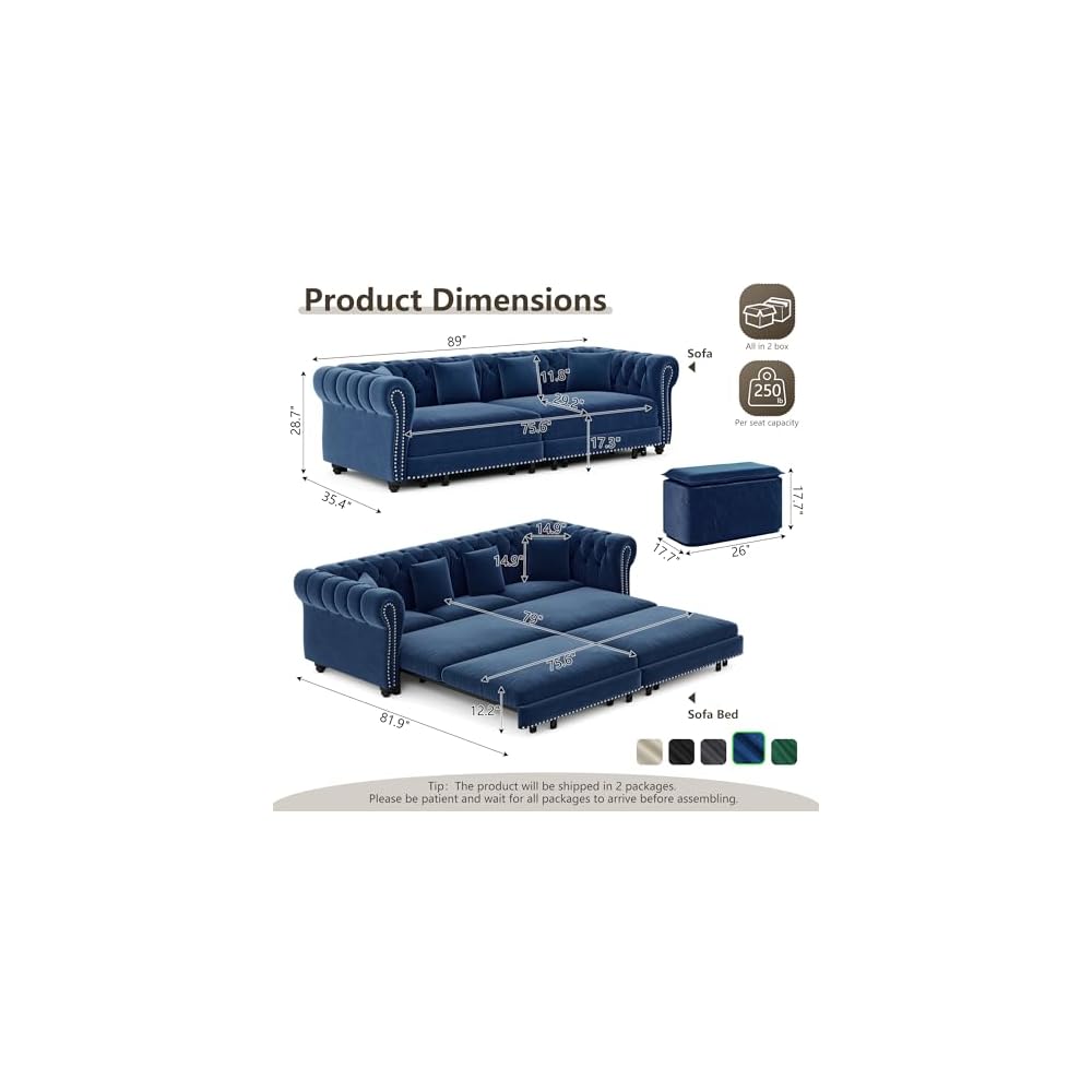 89" W 3-in-1 Convertible Sleeper Sofa Bed, King Size Pull-Out Sofa with Chaise Lounge, Velvet Tufted 3-Seater Sofa and Movable Ottoman for Living Room (Blue)