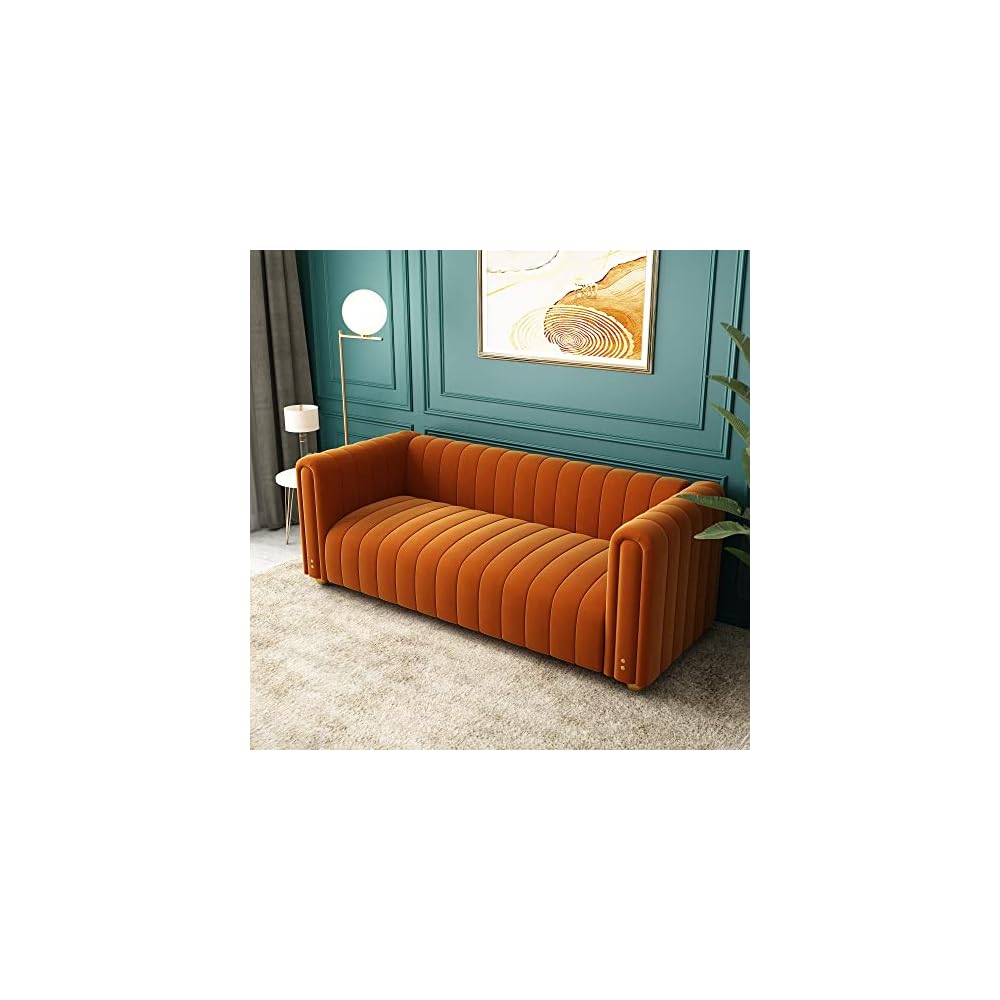 Tufted Couch Chesterfield Velvet Sofa Upholstered 81" W 3-Seater Comfy Sofa for Living Room, Bedroom, Office, Apartment (Orange)