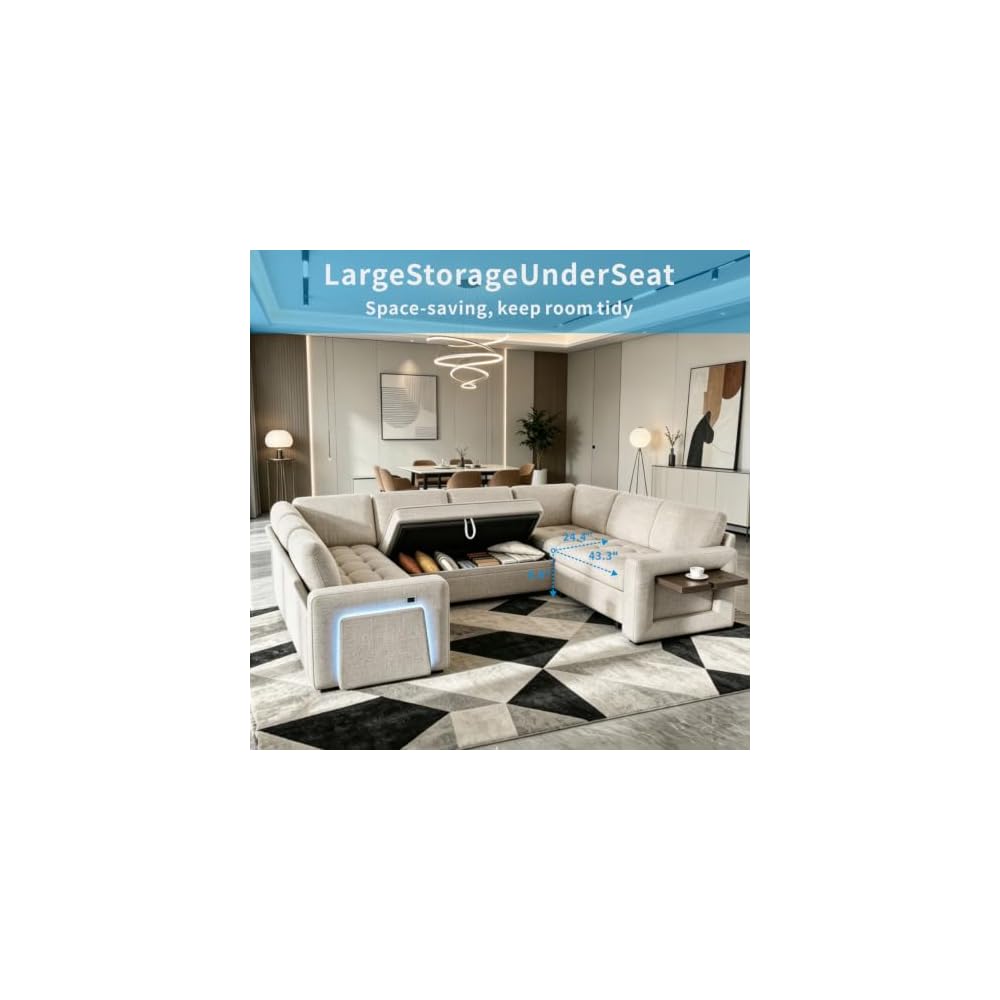 102" Sectional Sleeper Sofa with Pull-Out Bed 8 Seat Modern U-Shaped Modular Couch Reclining Backrest, USB Ports, LED Light, Side Table, Storage Seat, Tool-Free Assembly, Chenille Beige