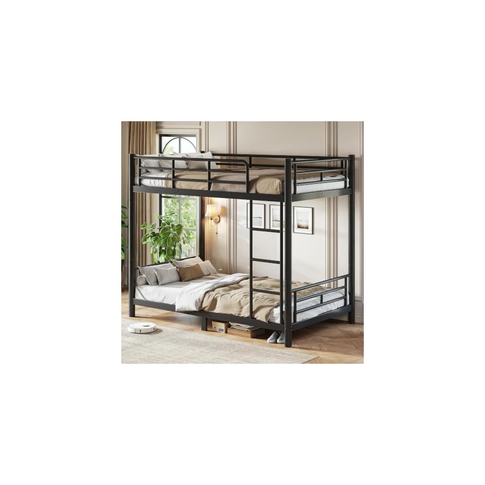 Twin XL Bunk Bed with Guardrail and Ladder, Convertible Bunk Bed Black