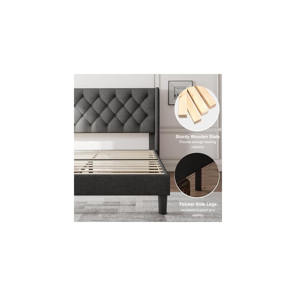 Queen Size Bed Frame with Diamond Tufted Wingback Headboard, Morden Upholstered Platform Bed, Sturdy Wooden Slats Support, Noise-Free, No Box Spring Needed, Easy Assembly, Dark Gray
