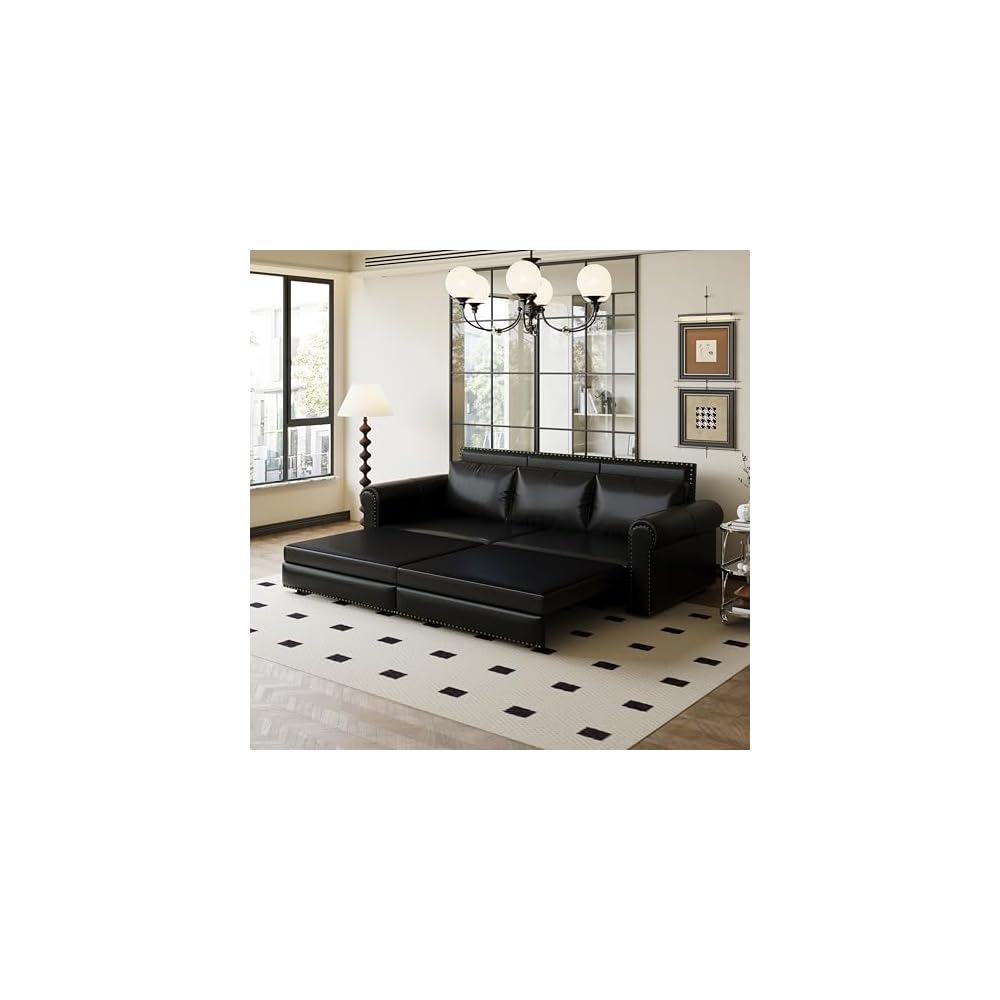 93.7"King Size Pull Out Sofa Bed, 3-in-1 Faux Leather Convertible Sleeper Sofa with Ultra Rolled Armrests, Tufted Modern Sofa with 3 Pillows, for Bedroom, Living Room, Apartment (Leather Black)