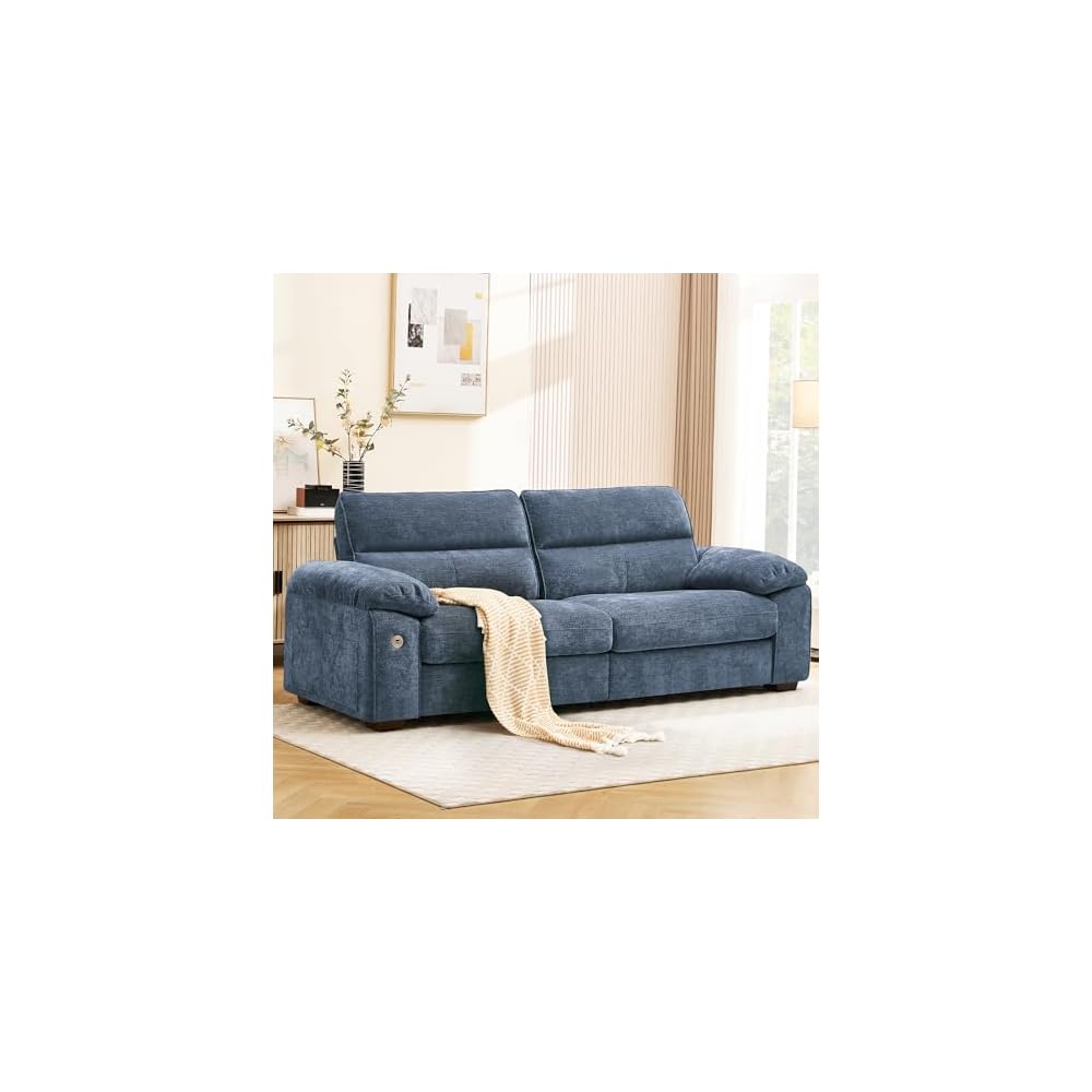 90" Modern Sofa for Living Room, Deep Seat Chenille Couch with Fast Charging Port & Removable Washable Cushions, Pillow-Armrest Loveseat for Small Space/Apartment, Sturdy Frame, Blue