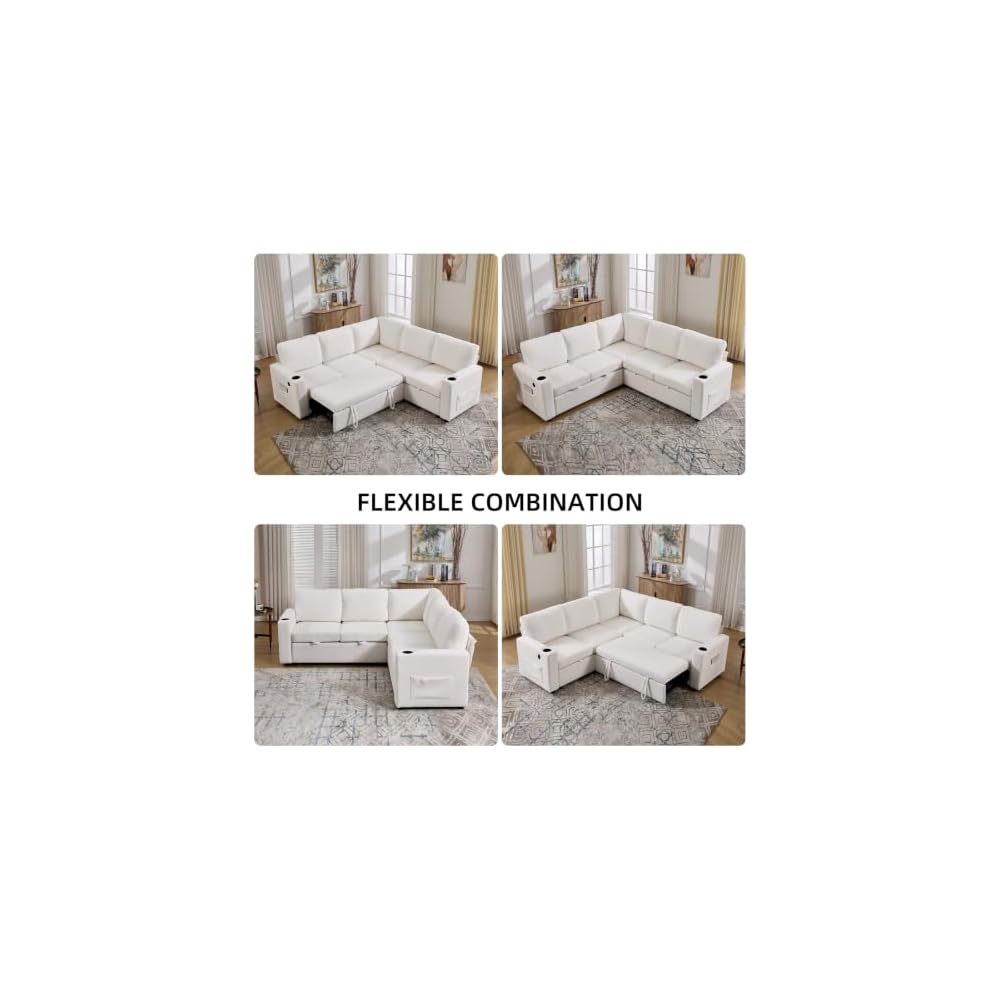 L Shaped Sofa Bed, Sectional Couch with Pull Out Bed, Beige