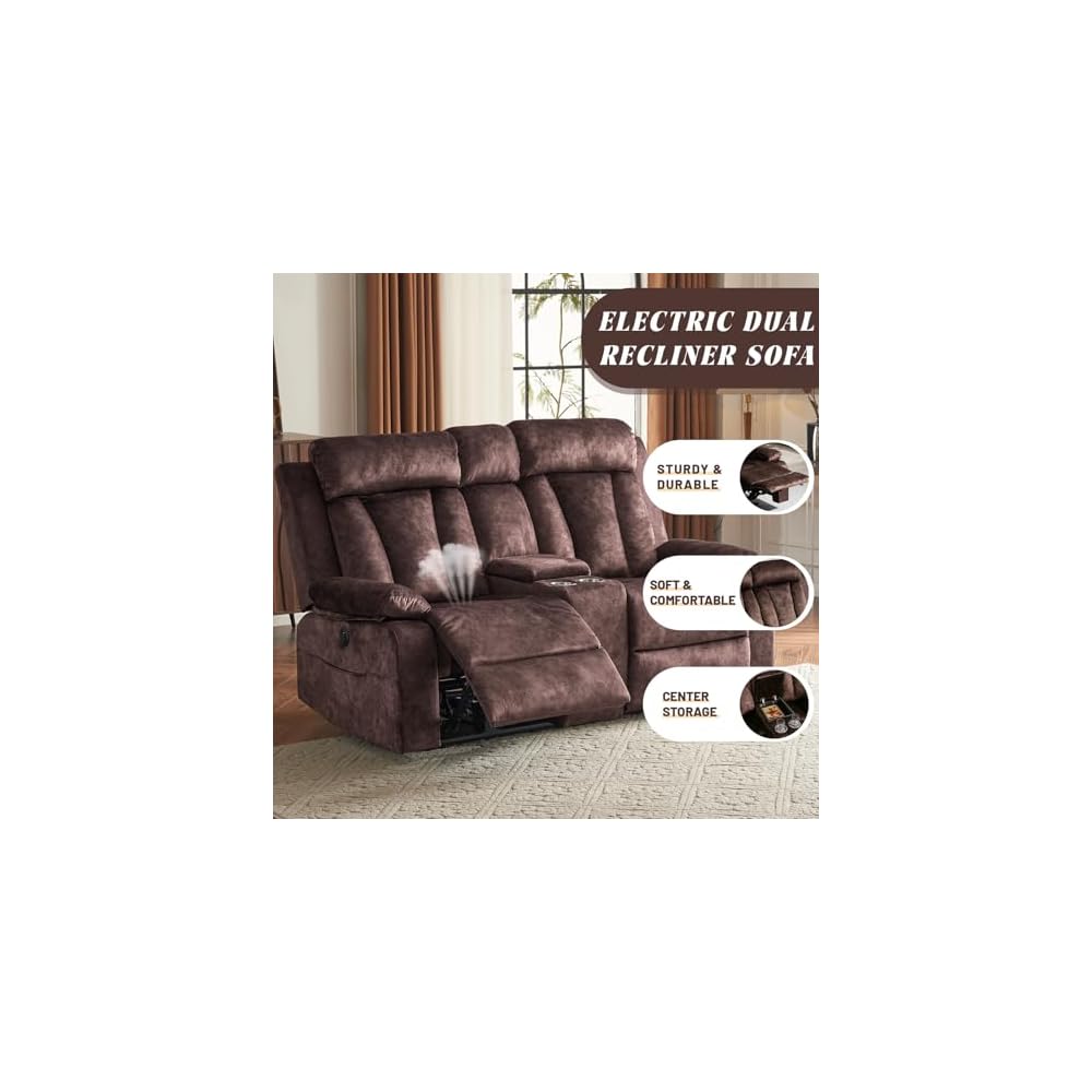 Power Reclining Loveseat with Console, Loveseat Recliner Sofa with Massage & Heat, Perfect Electric Couch for Living Room (Brown)