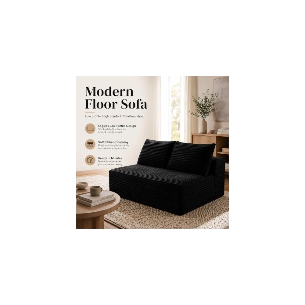 57" Black Small Armless Loveseat Sofa, 2 Seater Cloud Couches