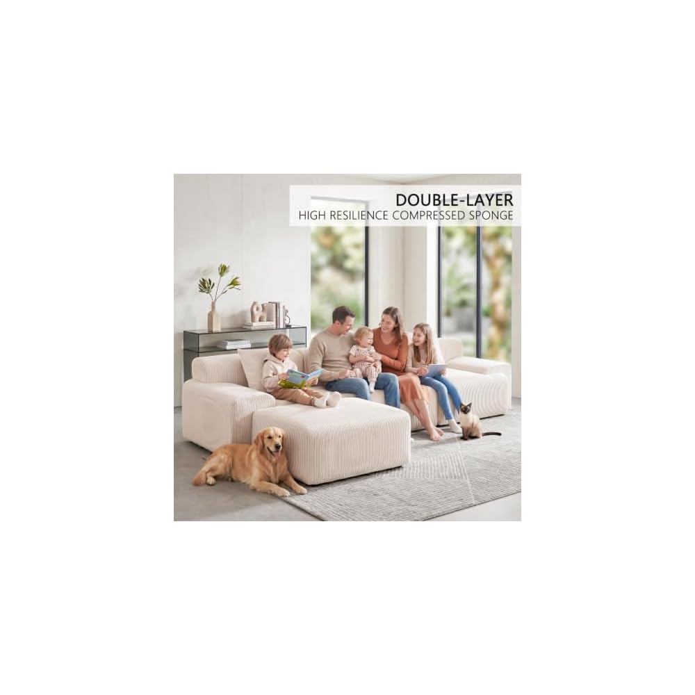 Plush Corduroy 118" Modular Sectional Sofa, Modern Boneless L-Shaped Cloud Couch with Chaise, Deep Seat Upholstered Comfy Living Room Couch, No Assembly Required,Beige