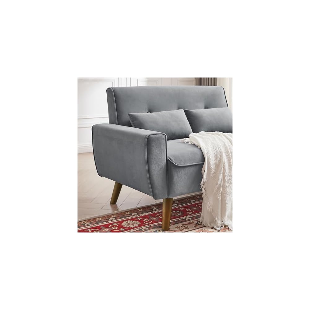 48" Small Loveseat Sofa, Modern Linen Fabric Love Seat Couch, Upholstered 2-Seat Sofa with 2 Pillows and Wood Legs for Living Room, Apartment, Bedroom and Small Spaces,LightGrey