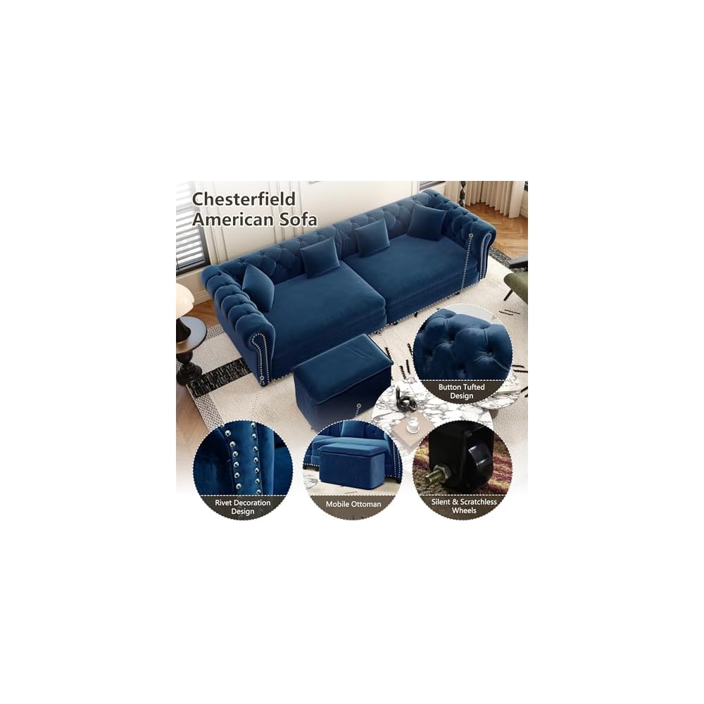 89" W 3-in-1 Convertible Sleeper Sofa Bed, King Size Pull-Out Sofa with Chaise Lounge, Velvet Tufted 3-Seater Sofa and Movable Ottoman for Living Room (Blue)