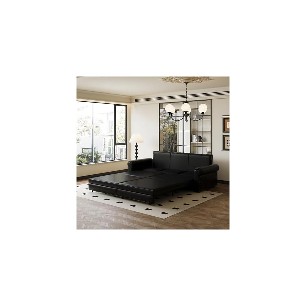 93.7"King Size Pull Out Sofa Bed, 3-in-1 Faux Leather Convertible Sleeper Sofa with Ultra Rolled Armrests, Tufted Modern Sofa with 3 Pillows, for Bedroom, Living Room, Apartment (Leather Black)